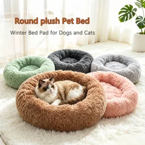 Soft Pet Cat Bed Pad Plush Warm Faux Fur Dog Calm Bed Donut Round Bed Comfortable Sleeping Washable for Small Medium Dog and Cat