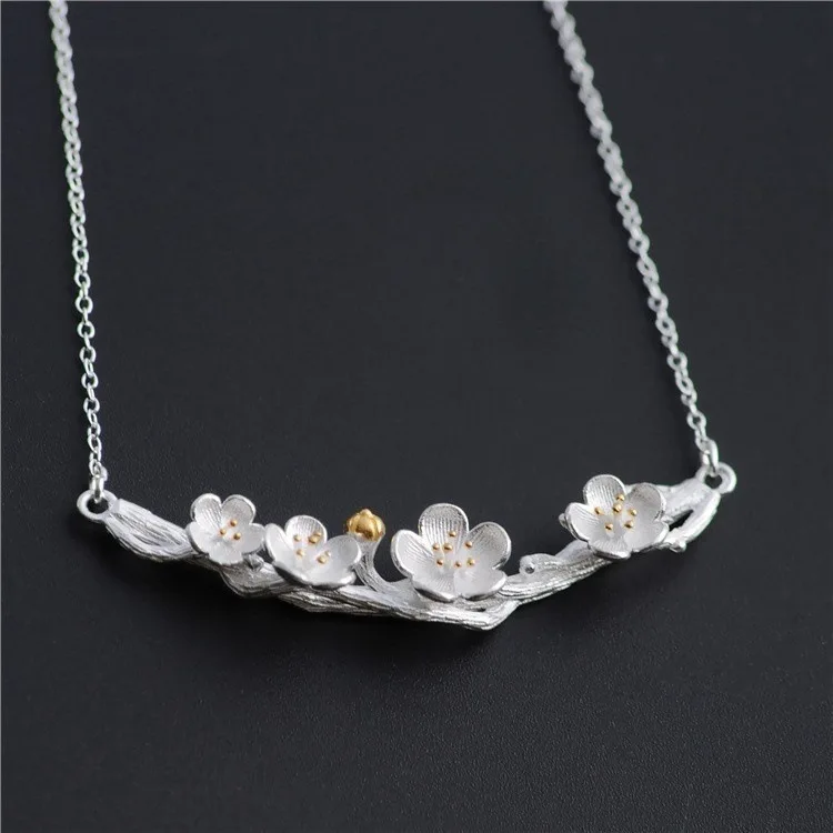 Silberhalsketten, Anhänger Und Halsketten Mit Pflaumenblütenmotiv, Schmuck, Colar De Plata Silberhalsketten, Anhänger Und Halsketten Mit Pflaumenblütenmotiv, Schmuck, Colar De Plata - Image 6