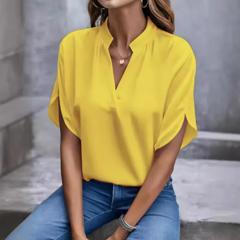 V-Ausschnitt Kurzarm Lockere Bluse Damen Casual Einfarbiges Oberteil Büro-Dame Elegantes Sommer-Shirt Übergröße Pullover Tops V-Ausschnitt Kurzarm Lockere Bluse Damen Casual Einfarbiges Oberteil Büro-Dame Elegantes Sommer-Shirt Übergröße Pullover Tops