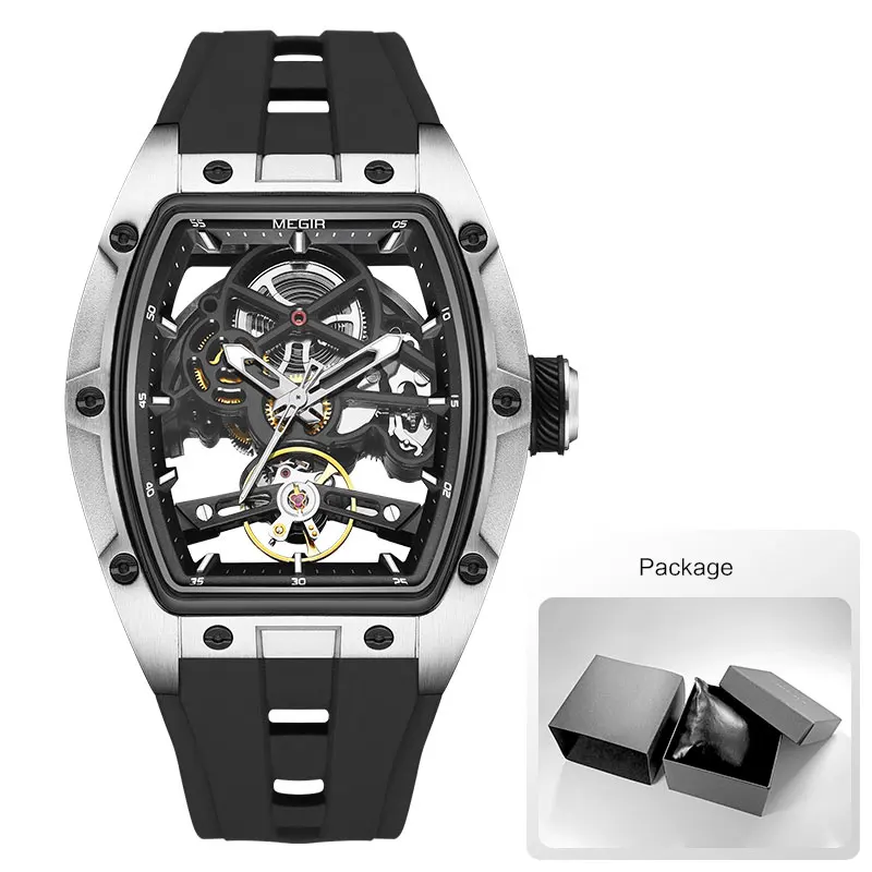 Megir Männer Armbanduhr Mode Schwarz Wasserdichte Automatische Mechanische Uhr Mit Leuchtenden Zeigern Silikon Armband Tonneau Zifferblatt Megir Männer Armbanduhr Mode Schwarz Wasserdichte Automatische Mechanische Uhr Mit Leuchtenden Zeigern Silikon Armband Tonneau Zifferblatt - Image 9