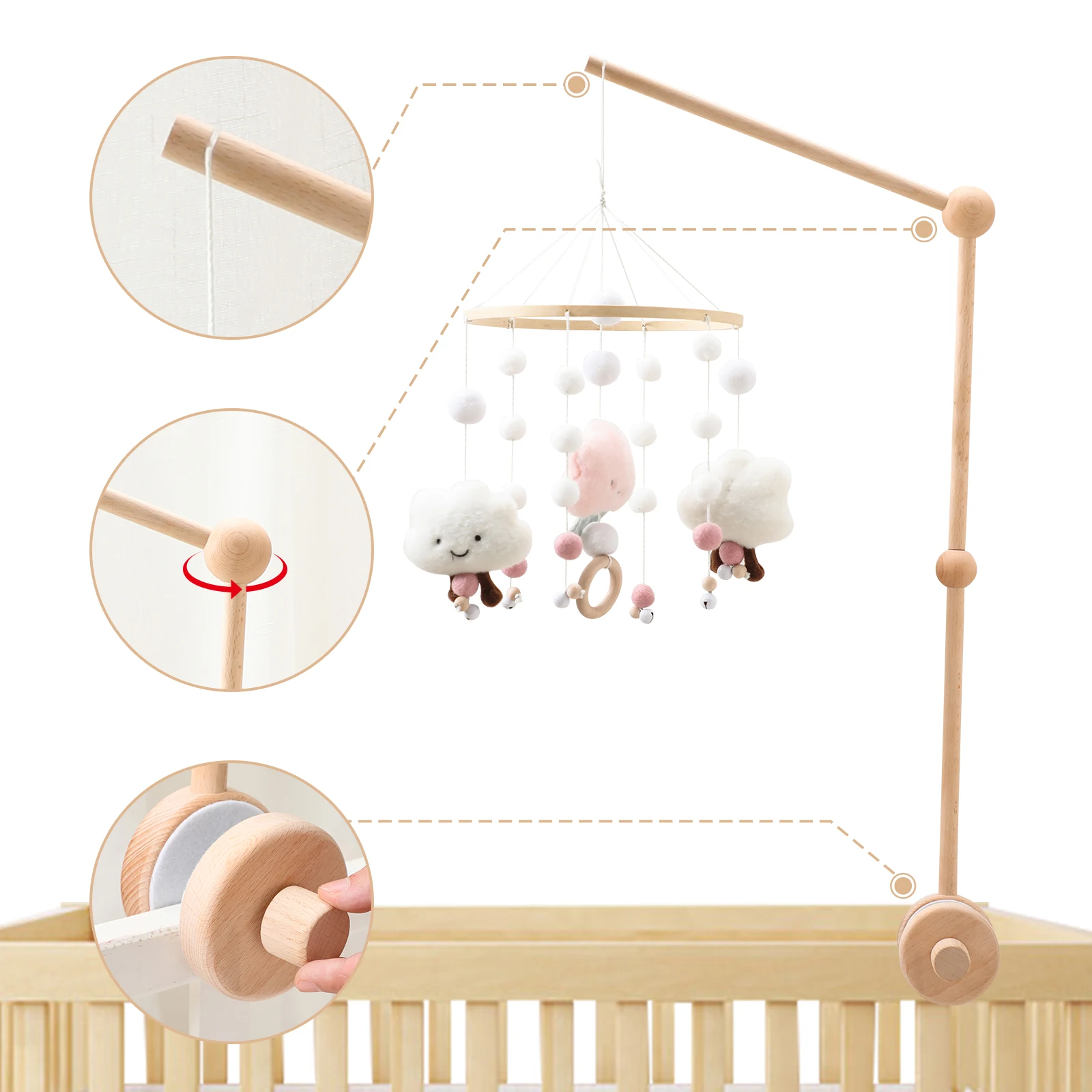 Baby-Holzhalterung, Bettglocke, 0,6 Monate, Spielzeughalterung, Zubehör, Hängehalterung, Weiches Mobiltelefon Auf Dem Bett, Babyzimmer-Dekoration, Kinderbett Baby-Holzhalterung, Bettglocke, 0,6 Monate, Spielzeughalterung, Zubehör, Hängehalterung, Weiches Mobiltelefon Auf Dem Bett, Babyzimmer-Dekoration, Kinderbett - Image 6