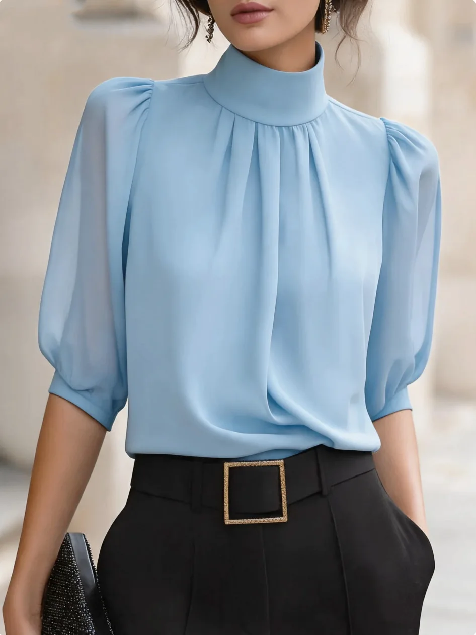 Halbärmelige, Plissierte Chiffonbluse Mit Stehkragen Für Damen, Elegantes Büro-Oberteil Für Damen, Frühling/Sommer, Locker Geschnittenes, Modisches Hemd Halbärmelige, Plissierte Chiffonbluse Mit Stehkragen Für Damen, Elegantes Büro-Oberteil Für Damen, Frühling/Sommer, Locker Geschnittenes, Modisches Hemd - Image 7
