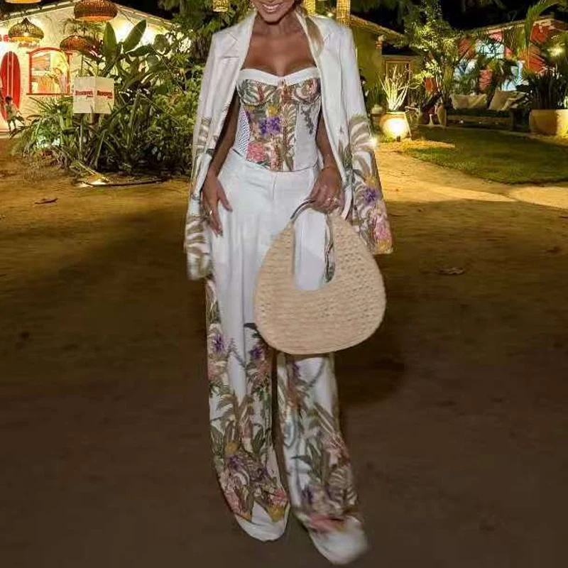 Damen 3-Teiliges Urlaubsset Mit Off-Shoulder-Top, Mantel Und Gerader Hose – Elegantes Muster Für Frühling, Sommer Und Party Damen 3-Teiliges Urlaubsset Mit Off-Shoulder-Top, Mantel Und Gerader Hose – Elegantes Muster Für Frühling, Sommer Und Party - Image 2