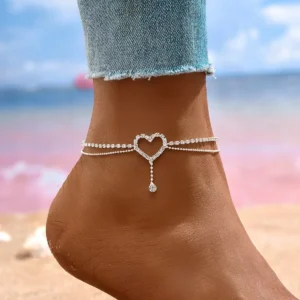 Glänzende Bling Herz Tropfen Quaste Charme Doppel Schicht Fußkettchen Frauen Strand Fuß Kette Urlaub Schmuck Sommer