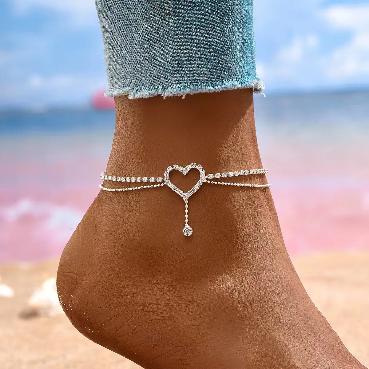 Glänzende Bling Herz Tropfen Quaste Charme Doppel Schicht Fußkettchen Frauen Strand Fuß Kette Urlaub Schmuck Sommer Glänzende Bling Herz Tropfen Quaste Charme Doppel Schicht Fußkettchen Frauen Strand Fuß Kette Urlaub Schmuck Sommer
