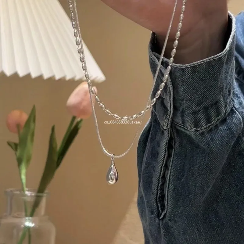 Neue Silber Einfache Design Tropfen Anhänger Halskette Für Frauen Doppel Kragen Kette Mode Edlen Schmuck Geschenke Lange Layered Halskette Neue Silber Einfache Design Tropfen Anhänger Halskette Für Frauen Doppel Kragen Kette Mode Edlen Schmuck Geschenke Lange Layered Halskette - Image 6
