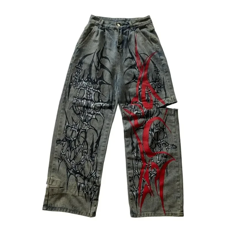American New Fashion Oversized Pattern Printed Washed Jeans Men Y2K Gothic Rock Popular Casual Joker High Waist Wide Leg Pants American New Fashion Oversized Pattern Printed Washed Jeans Men Y2K Gothic Rock Popular Casual Joker High Waist Wide Leg Pants - Image 15