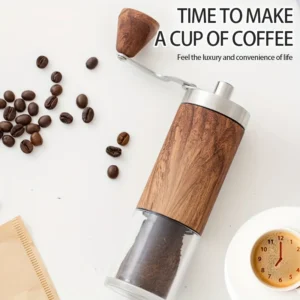 Vintage tragbare manuelle Kaffeemühle, Retro-Handkurbel-Kaffeemühle aus Edelstahl mit Holzmaserung für Zuhause und unterwegs