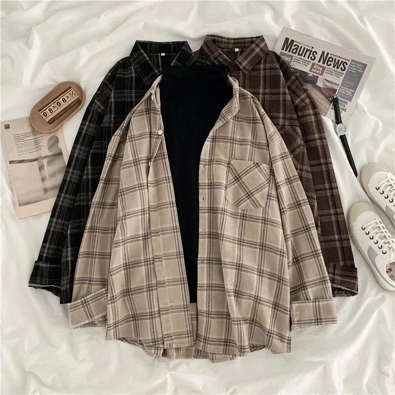 Vintage Plaid Shirts Frauen Herbst Langarm Oversize Button Up Hemd Koreanische Mode Casual Herbst Outwear Tops Blusas Mujer Vintage Plaid Shirts Frauen Herbst Langarm Oversize Button Up Hemd Koreanische Mode Casual Herbst Outwear Tops Blusas Mujer