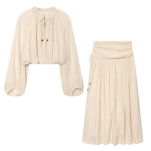 HipSeam Damen Plissee-Rock-Sets Neu 2026 Frühling Sommer 2-teilig Einfaches Spitzen-Langarm-Oberteil + Midi-Taillenrock Damen-Outfit