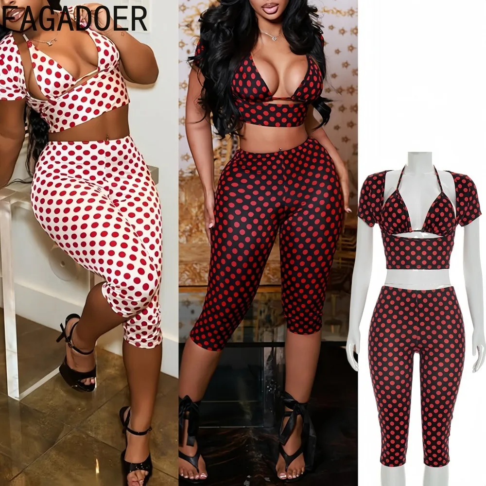 Fagadoer Sexy Damen 3-Teiliges Set Outfit Mit Polka-Dot-Print, Patchwork, Kurzärmeligem Crop-Top Und Passender Hose, Weibliche Streetwear, Neu Fagadoer Sexy Damen 3-Teiliges Set Outfit Mit Polka-Dot-Print, Patchwork, Kurzärmeligem Crop-Top Und Passender Hose, Weibliche Streetwear, Neu