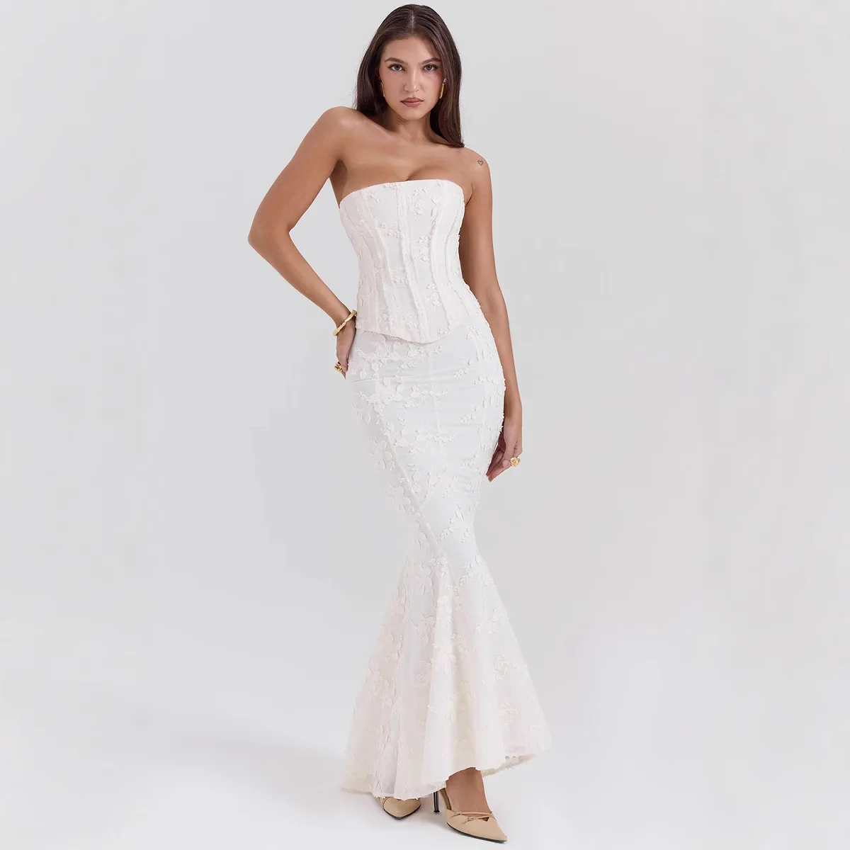 Suninheart Kleid Für Formelle Anlässe, Trägerloses 2-Teiliges Kleid-Set Für Damen, Weißes Schnüroberteil Und Maxirock-Set, Modische Passende Sets Suninheart Kleid Für Formelle Anlässe, Trägerloses 2-Teiliges Kleid-Set Für Damen, Weißes Schnüroberteil Und Maxirock-Set, Modische Passende Sets