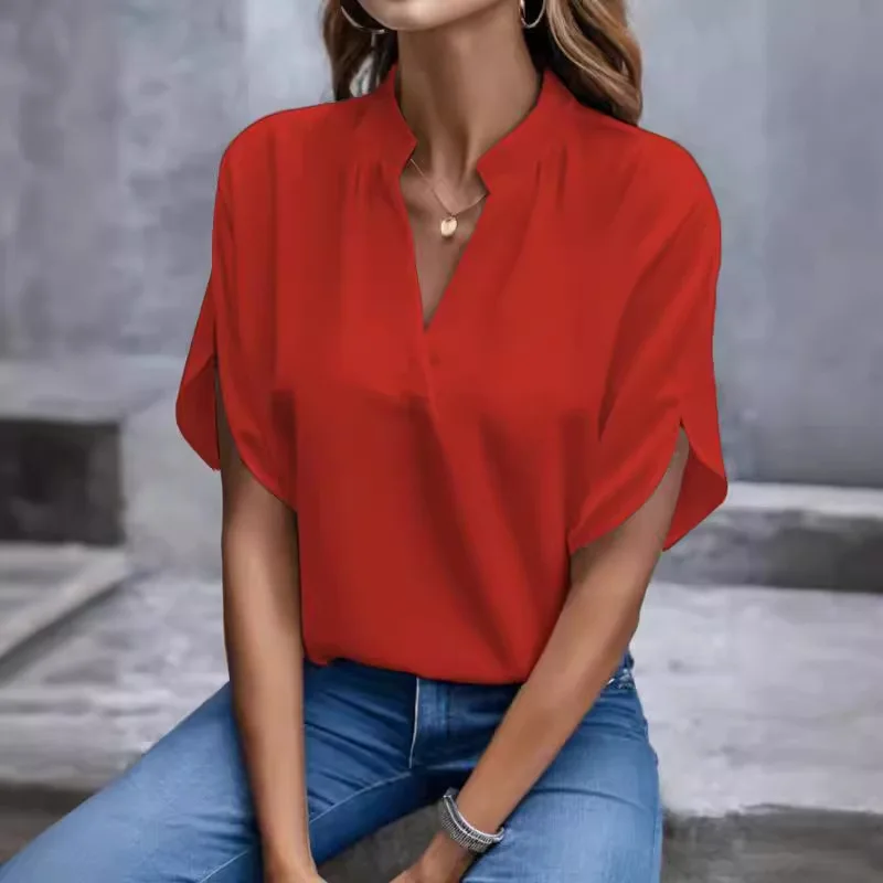 V-Ausschnitt Kurzarm Lockere Bluse Damen Casual Einfarbiges Oberteil Büro-Dame Elegantes Sommer-Shirt Übergröße Pullover Tops V-Ausschnitt Kurzarm Lockere Bluse Damen Casual Einfarbiges Oberteil Büro-Dame Elegantes Sommer-Shirt Übergröße Pullover Tops - Image 4