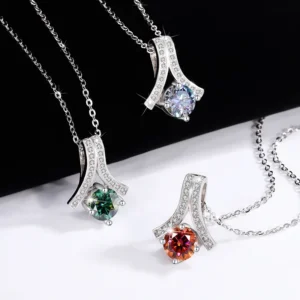 QZGY Hochwertige Modische Klassische 925 Sterling Silber + Moissanit Runder Diamant Anhänger Halskette 1 Karat