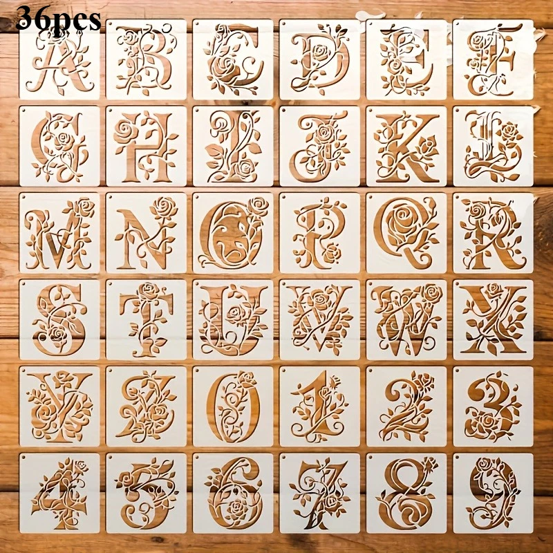 36 Stück Florale Alphabet-Schablonen, Wiederverwendbar, Rosen-Buchstaben-Malvorlagen, Hohle Graffiti-Vorlage, Sprühform Für Wandaufkleber 36 Stück Florale Alphabet-Schablonen, Wiederverwendbar, Rosen-Buchstaben-Malvorlagen, Hohle Graffiti-Vorlage, Sprühform Für Wandaufkleber - Image 7