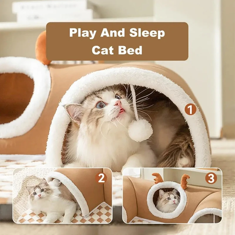 Warmes Plüsch-Katzenbett Für Den Winter Und Den Innenbereich Mit Rentier-Optik, Versteckspiel, Katzentunnel, Spielen Und Schlafen, Integriertes Katzenhaus, Haustiernest Warmes Plüsch-Katzenbett Für Den Winter Und Den Innenbereich Mit Rentier-Optik, Versteckspiel, Katzentunnel, Spielen Und Schlafen, Integriertes Katzenhaus, Haustiernest - Image 2