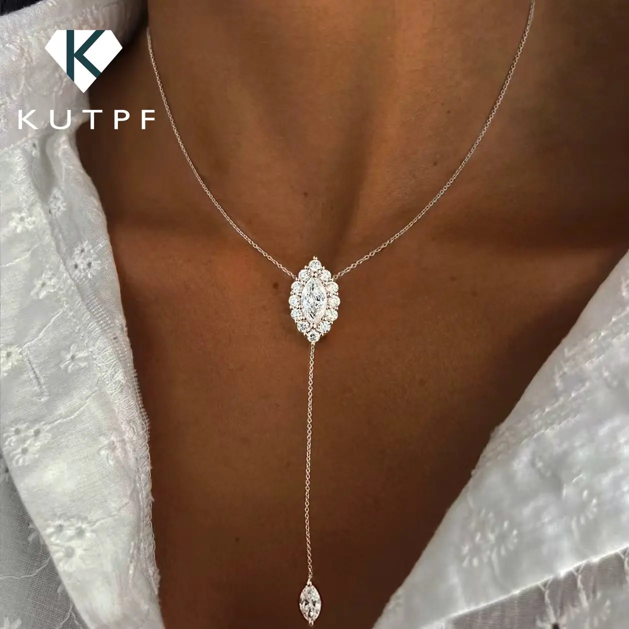 Marquise-Schliff Moissanit-Anhänger-Halskette Für Damen, 100% S925 Silber, Y-Förmiger Halo-Diamant-Tropfen-Anhänger Mit Zertifikat Marquise-Schliff Moissanit-Anhänger-Halskette Für Damen, 100% S925 Silber, Y-Förmiger Halo-Diamant-Tropfen-Anhänger Mit Zertifikat