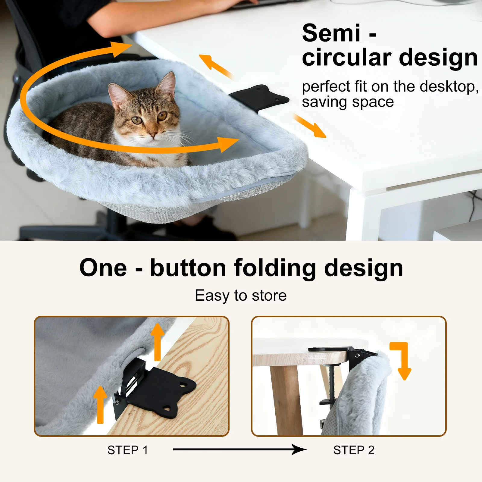 Cat Desk Bed One-Click Folding Sunken Design Space-Saving Semi-Circular Cat Desk Hammock Perch For Home Office Indoor Cats Cat Desk Bed One-Click Folding Sunken Design Space-Saving Semi-Circular Cat Desk Hammock Perch For Home Office Indoor Cats - Image 4