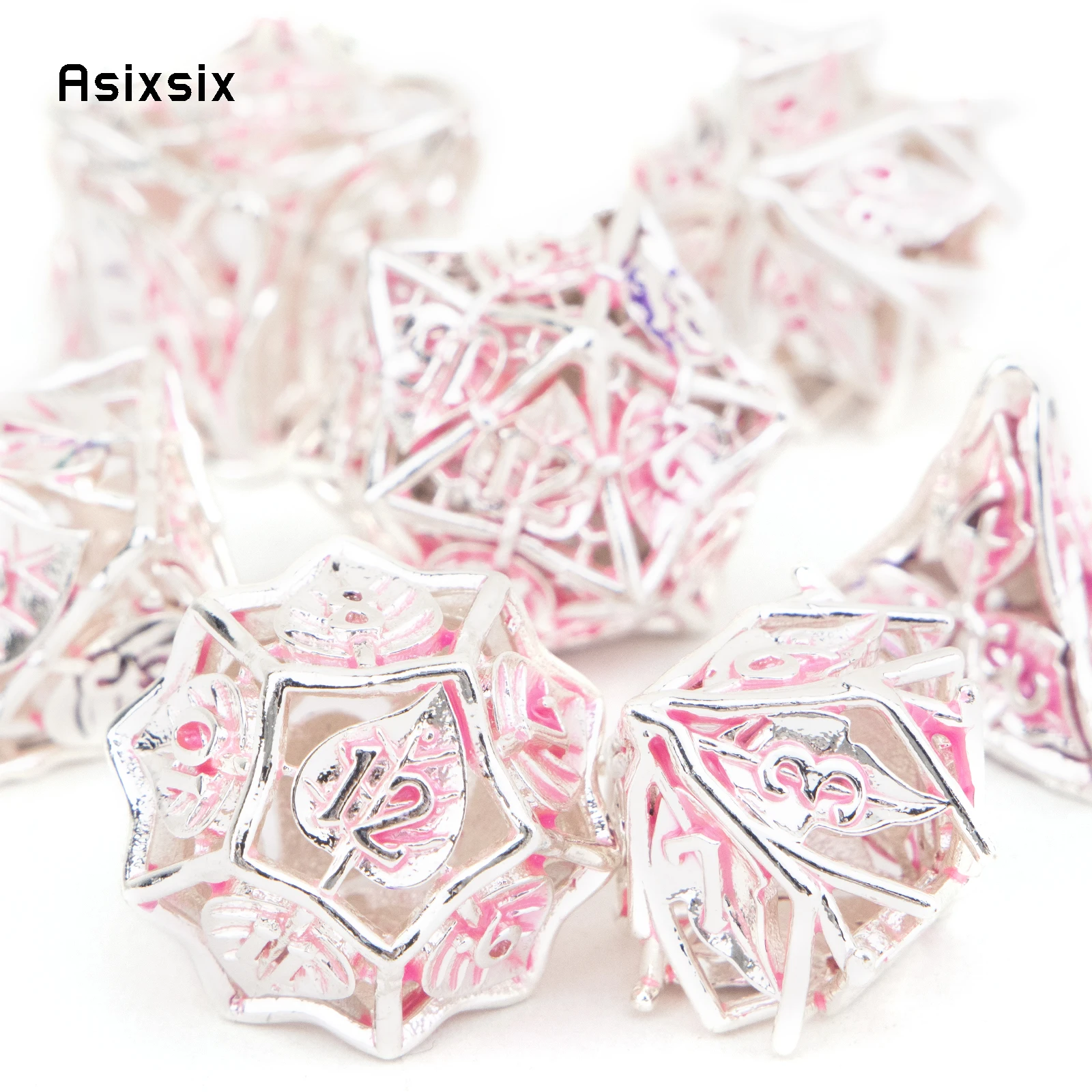 7 Pcs Pink Leaf Flower Metal Dice Hollow Metal Polyhedral Dice Set Suitable For Role-Playing Rpg Board Game Card Game 7 Pcs Pink Leaf Flower Metal Dice Hollow Metal Polyhedral Dice Set Suitable For Role-Playing Rpg Board Game Card Game - Image 4