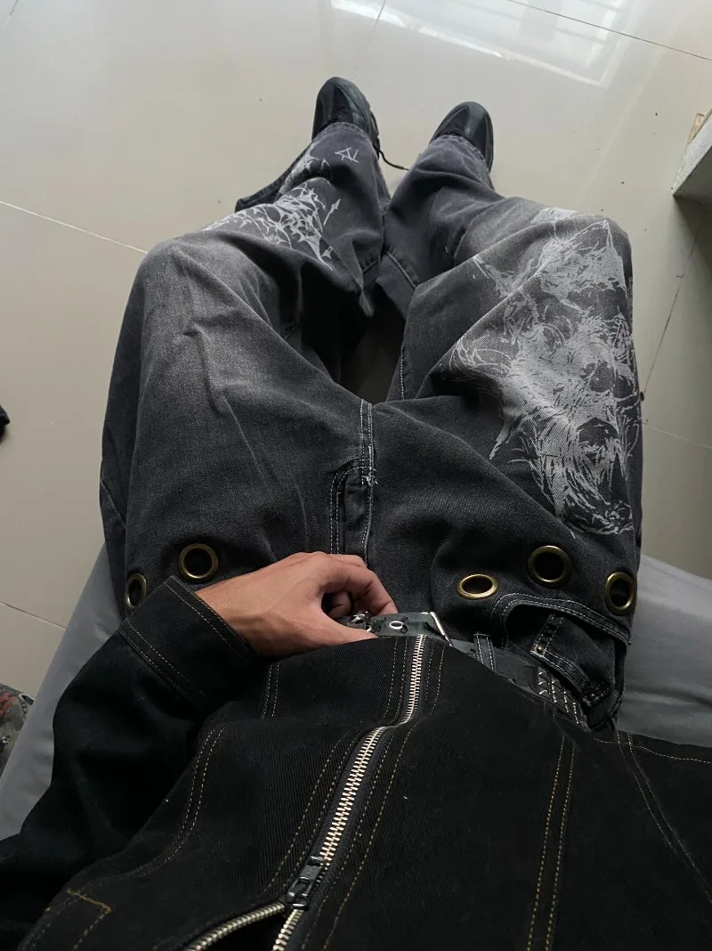 American New Fashion Oversized Pattern Printed Washed Jeans Men Y2K Gothic Rock Popular Casual Joker High Waist Wide Leg Pants American New Fashion Oversized Pattern Printed Washed Jeans Men Y2K Gothic Rock Popular Casual Joker High Waist Wide Leg Pants - Image 2
