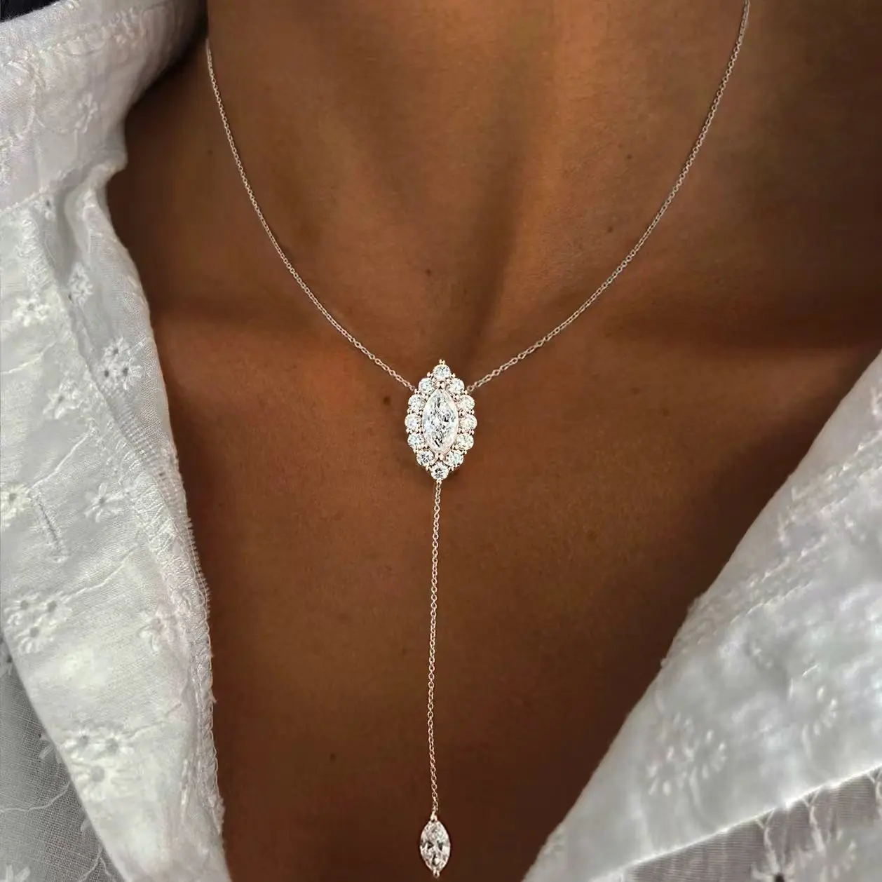 Marquise-Schliff Moissanit-Anhänger-Halskette Für Damen, 100% S925 Silber, Y-Förmiger Halo-Diamant-Tropfen-Anhänger Mit Zertifikat Marquise-Schliff Moissanit-Anhänger-Halskette Für Damen, 100% S925 Silber, Y-Förmiger Halo-Diamant-Tropfen-Anhänger Mit Zertifikat - Image 9