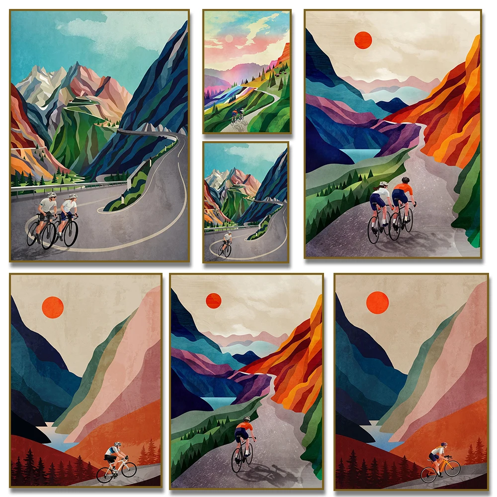 Kunstposter Mit Fahrradfahrerpaar, Berglandschaft-Illustration, Leinwanddruck, Wandbild Für Wohnzimmer Und Heimdekoration Kunstposter Mit Fahrradfahrerpaar, Berglandschaft-Illustration, Leinwanddruck, Wandbild Für Wohnzimmer Und Heimdekoration