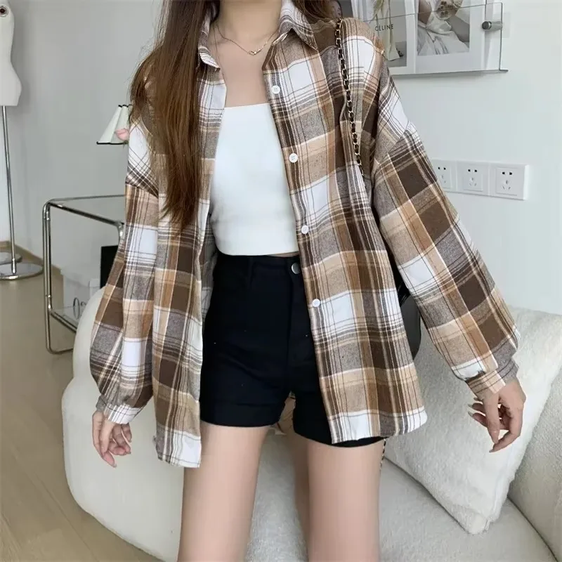 Kariertes Hemd Frauen Mode Herbst Langarm Top Weibliche Vintage Einreiher Bluse Damen Adrette Lose Überprüfen Shirts Kariertes Hemd Frauen Mode Herbst Langarm Top Weibliche Vintage Einreiher Bluse Damen Adrette Lose Überprüfen Shirts - Image 5