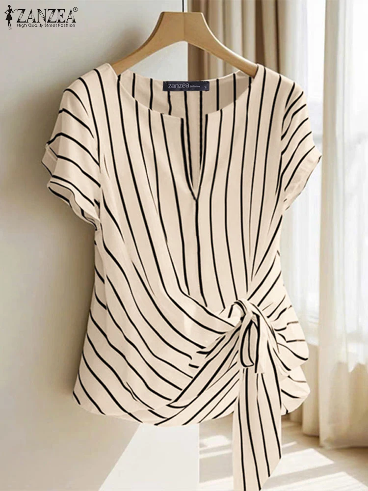 Mode Streifen Bluse 2025, Zanzea Sommer Frauen V-Ausschnitt Kurzarm Tops Elegante Arbeit Ol Hemd Beiläufige Lose Blusas Weibliche Chemise Mode Streifen Bluse 2025, Zanzea Sommer Frauen V-Ausschnitt Kurzarm Tops Elegante Arbeit Ol Hemd Beiläufige Lose Blusas Weibliche Chemise - Image 3