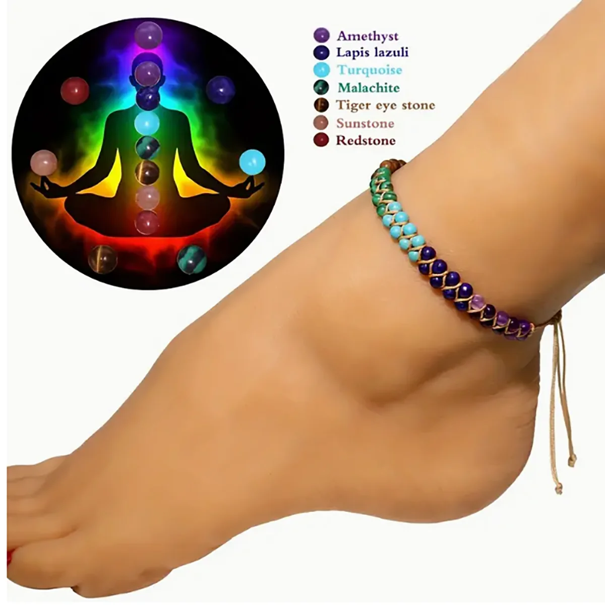 Fußkettchen Für Damen, Doppellagig Geflochten, Strand-Accessoires, 7 Chakras, Boho-Türkis-Schmuck, Schwarz, Grün, Rot, Sommer-Accessoires Fußkettchen Für Damen, Doppellagig Geflochten, Strand-Accessoires, 7 Chakras, Boho-Türkis-Schmuck, Schwarz, Grün, Rot, Sommer-Accessoires