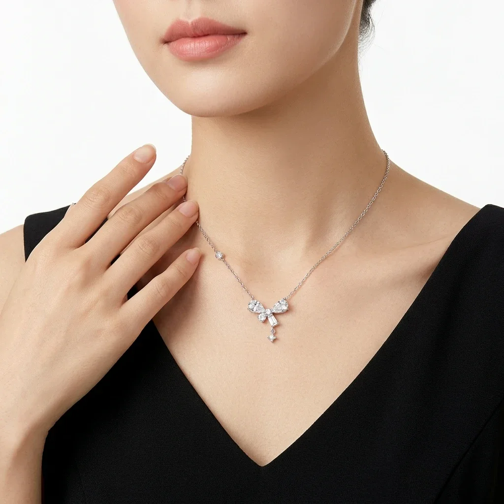 925 Sterling Silber Schleifenknoten Moissanit-Halskette Für Damen, Birnenförmiger D-Farbiger Vvs1 Labor-Diamant-Anhänger, Romantische Hochzeits-Schmuckstücke 925 Sterling Silber Schleifenknoten Moissanit-Halskette Für Damen, Birnenförmiger D-Farbiger Vvs1 Labor-Diamant-Anhänger, Romantische Hochzeits-Schmuckstücke - Image 2