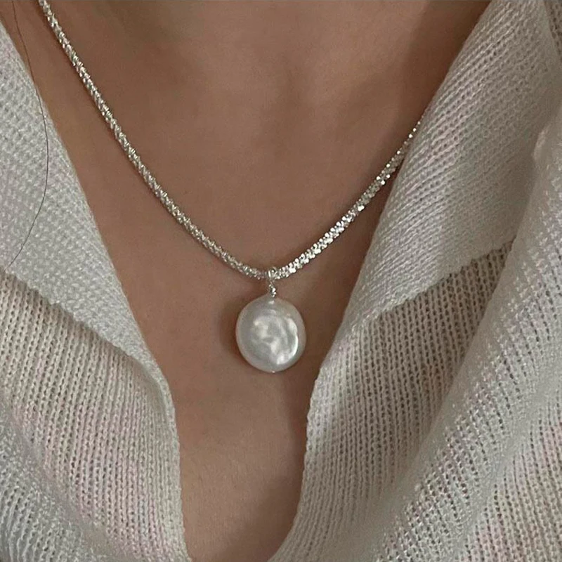 Neue Funkelnde Runde Perlenkette Aus 925Er-Sterlingsilber, Schlichter Stil, Charm-Anhänger, Halsband, Geburtstagsgeschenk Für Frauen, Edler Schmuck Neue Funkelnde Runde Perlenkette Aus 925Er-Sterlingsilber, Schlichter Stil, Charm-Anhänger, Halsband, Geburtstagsgeschenk Für Frauen, Edler Schmuck