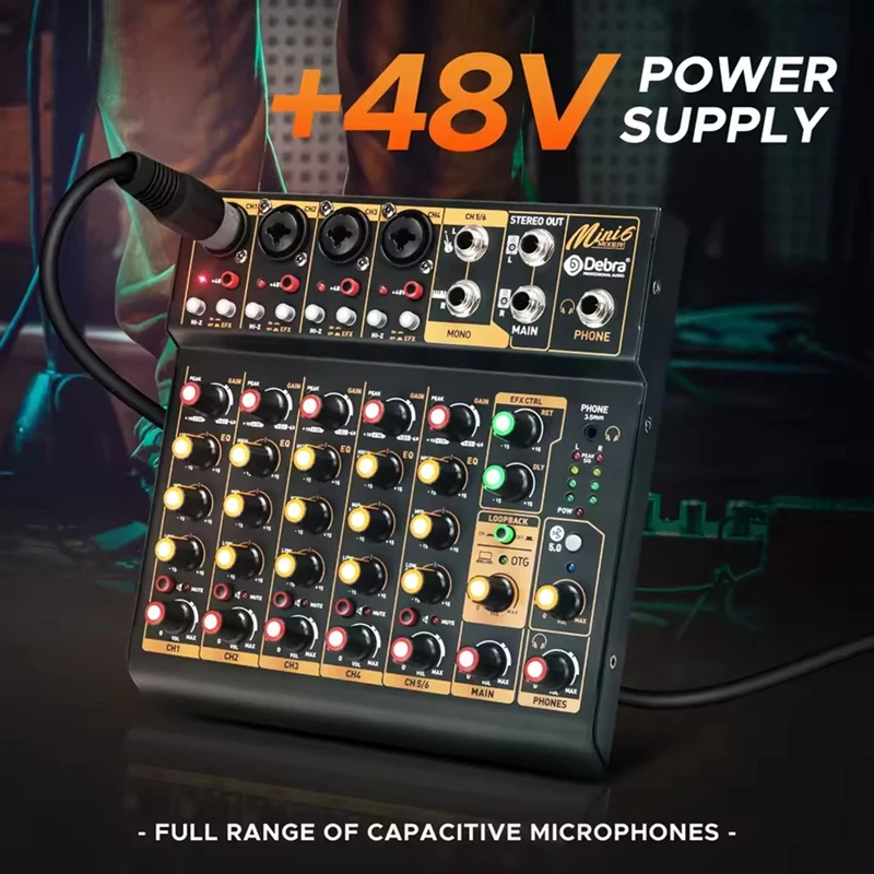 Mini 6-Kanal-Audiomischer Dj-Mixer Mit Bluetooth 5.0, Otg, Reverb &Amp; 48 V Phantomspeisung Für Pc-Aufnahmen Und Live-Mixing Mini 6-Kanal-Audiomischer Dj-Mixer Mit Bluetooth 5.0, Otg, Reverb &Amp; 48 V Phantomspeisung Für Pc-Aufnahmen Und Live-Mixing - Image 5