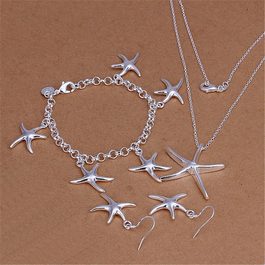 925Er Sterlingsilber, Hübscher, Feiner Seestern-Anhänger, Armband, Halskette, Ohrring, Schmuckset Für Damen, Mode, Party, Geschenk 925Er Sterlingsilber, Hübscher, Feiner Seestern-Anhänger, Armband, Halskette, Ohrring, Schmuckset Für Damen, Mode, Party, Geschenk