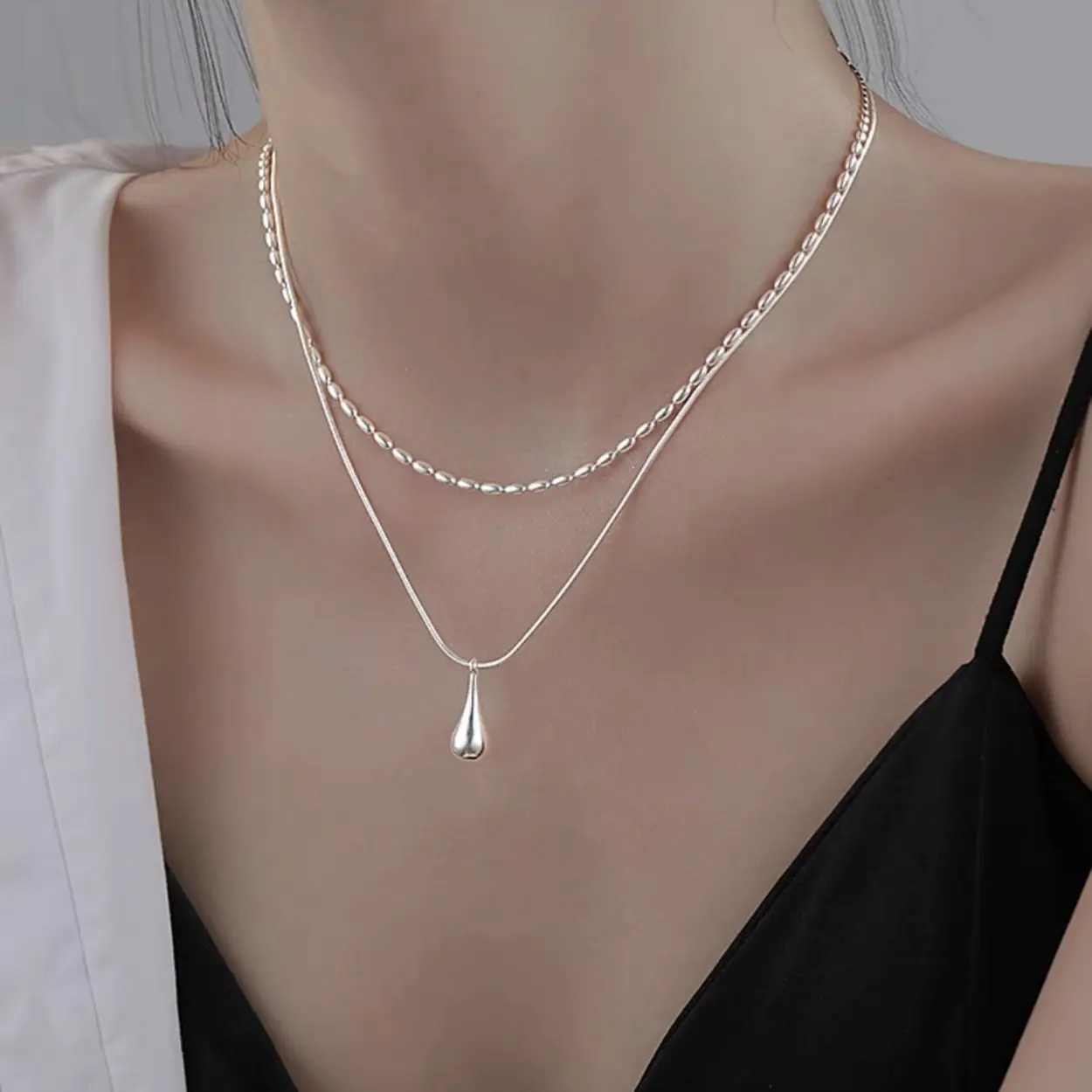 925 Sterling Silber Halskette Doppels Ch Ichten Tröpfchen Anhänger Perlen Elegant Für Frauen Mädchen Schmuck Geschenk Drops Hipping Großhandel 925 Sterling Silber Halskette Doppels Ch Ichten Tröpfchen Anhänger Perlen Elegant Für Frauen Mädchen Schmuck Geschenk Drops Hipping Großhandel