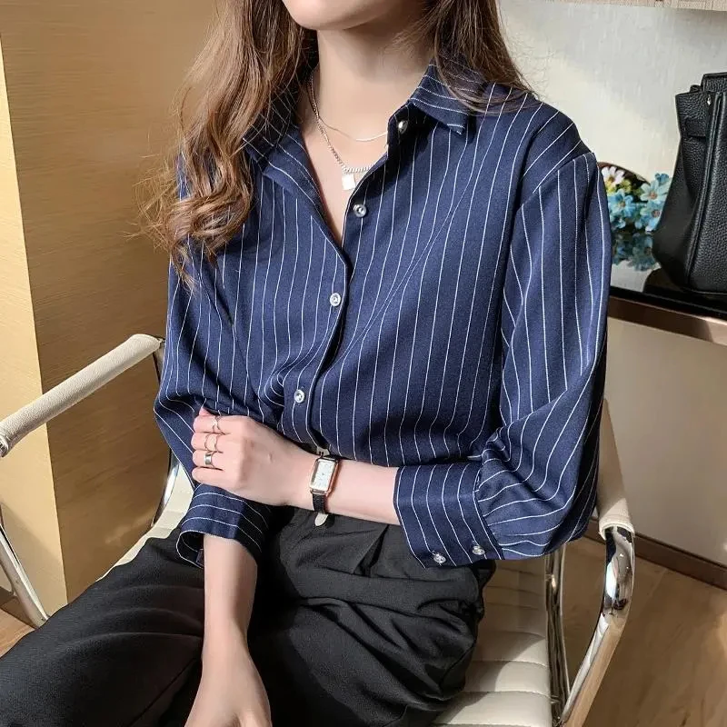 Gestreiftes Hemd Damen Sommer Vintage Chic Lose Langarm Top Y2K Büro Damen Mode Lässig Umlegekragen All Match Bluse Gestreiftes Hemd Damen Sommer Vintage Chic Lose Langarm Top Y2K Büro Damen Mode Lässig Umlegekragen All Match Bluse - Image 3