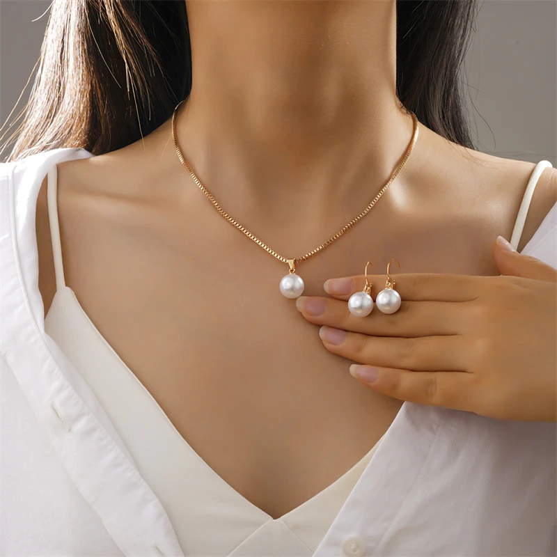 Mode Elegante Imitation Perle Anhänger Schmuck-Set Für Frauen Vintage Gold Farbe Kette Halskette Ohrring Mädchen Hochzeit Party Geschenke Mode Elegante Imitation Perle Anhänger Schmuck-Set Für Frauen Vintage Gold Farbe Kette Halskette Ohrring Mädchen Hochzeit Party Geschenke - Image 2
