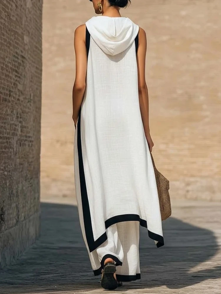 Damen Zweiteiler Mit Asymmetrischem Top Und Weiter Hose – Ärmelloses Sommer-Set Mit Kontrastdetails Damen Zweiteiler Mit Asymmetrischem Top Und Weiter Hose – Ärmelloses Sommer-Set Mit Kontrastdetails - Image 2