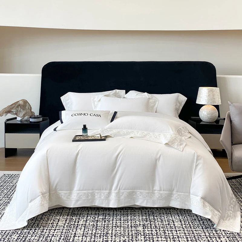 600Tc Egyptian Cotton White Luxury Embroidery Hotel Style Bedding Set Duvet Cover Set Flat/Fitted Bed Sheet Pillowcases 4Pcs 600Tc Egyptian Cotton White Luxury Embroidery Hotel Style Bedding Set Duvet Cover Set Flat/Fitted Bed Sheet Pillowcases 4Pcs - Image 3