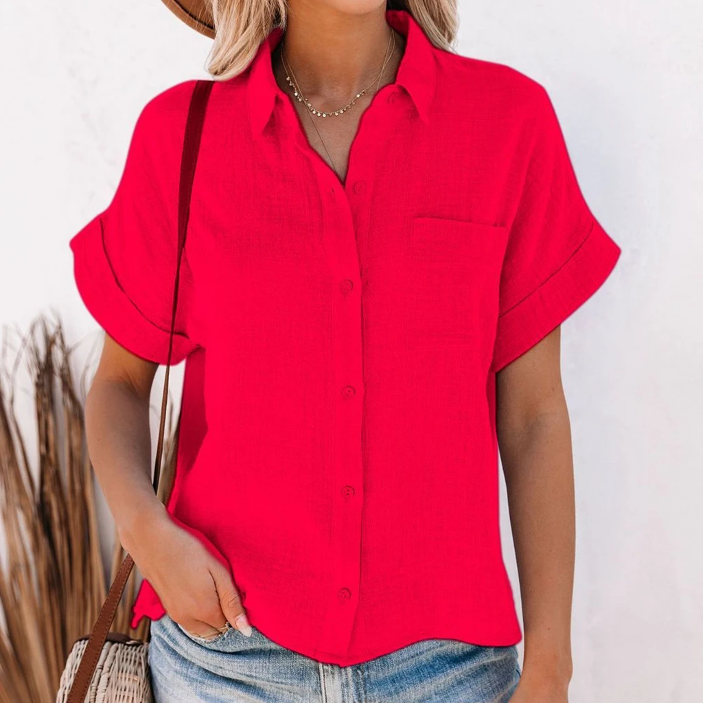 Elegantes Sommer-Oberteil Für Damen Aus Baumwolle Und Leinen, Kurzärmelig, Revers, Knopfleiste, Einfarbiges Hemd Mit Einer Tasche, Lässig Elegantes Sommer-Oberteil Für Damen Aus Baumwolle Und Leinen, Kurzärmelig, Revers, Knopfleiste, Einfarbiges Hemd Mit Einer Tasche, Lässig - Image 6