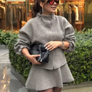 HH Damenmode-Anzüge, einfarbig, lange Ärmel, einreihig, Strickmantel + Minirock mit hoher Taille, weiblich, Herbst, elegantes Rock-Set