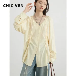 CHIC VEN Damen Locker Sitzende Schnürbluse Einfarbig Neuer Koreanischer V-Ausschnitt Plissierte Raglan Langarm-Bluse Damen-Oberteil Frühling Sommer 2026