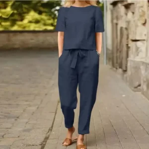 Damen Pullover Hemd und Hose Zweiteiliges Set Damen Baumwolle und Leinen Sommeranzug Kurzarm O-Ausschnitt Outfit Hose