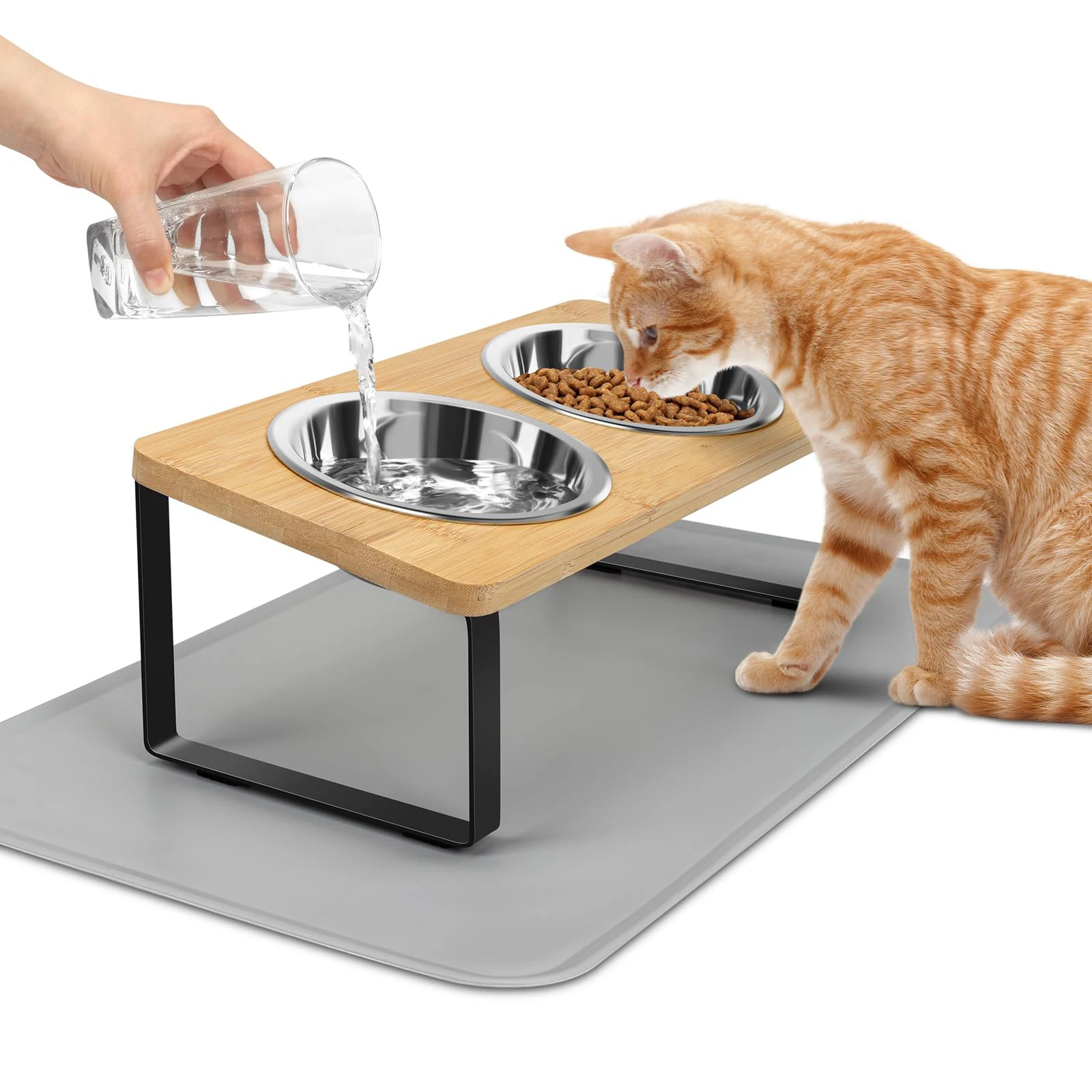 Elevated Cat Bowls With Food Mat 15° Tilted Stand Raised Cat Dishes For Food And Water Feeder 2 Stainless Steel Bowls For Cats Elevated Cat Bowls With Food Mat 15° Tilted Stand Raised Cat Dishes For Food And Water Feeder 2 Stainless Steel Bowls For Cats