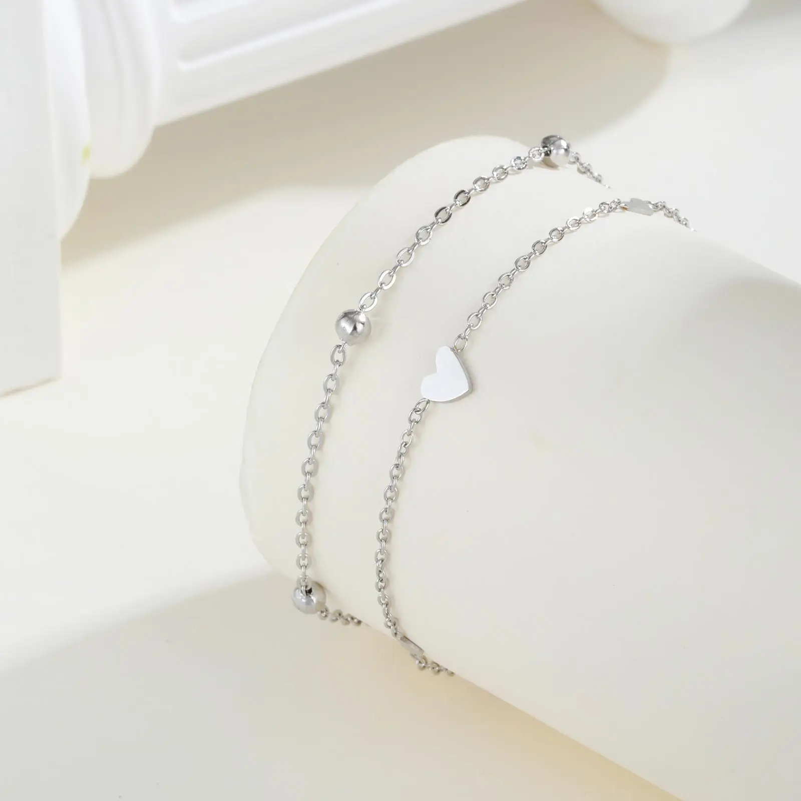 Mehrschichtiges Fußkettchen-Set Für Damen Und Mädchen, Edelstahl Herzperlen Doppelkette Fußschmuck, Verstellbares Sommer-Strand-Geschenk Mehrschichtiges Fußkettchen-Set Für Damen Und Mädchen, Edelstahl Herzperlen Doppelkette Fußschmuck, Verstellbares Sommer-Strand-Geschenk - Image 2