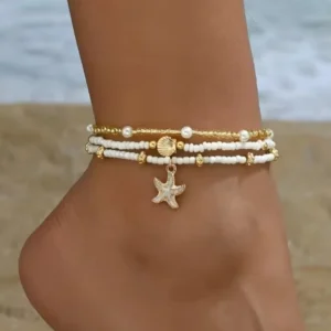 Nette Seestern Shell Reis Perle Mehrschichtige Fußkettchen Für Frauen Fuß Kette Knöchel Armband Strand Schmuck Sommer Zubehör