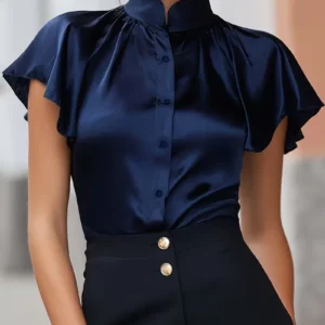 Damen Kurzarm-Satinbluse mit Stehkragen, Rüschen an der Schulter, Knopfleiste, elegantes Büro-Oberteil