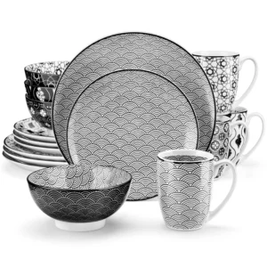 Vancasso 16/32-teiliges Geschirrset aus Porzellan in Schwarz und Creme, Geschirrset mit Speisetellern/Desserttellern/Müslischalen/Bechern für 4/8 Personen