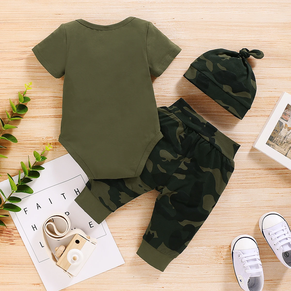 Newborn Baby Boy Summer Clothes Set Letters Short Sleeve Romper +Camouflage Pants+Hat 3Pcs Outfits For Toddler Boy 0-18 Months Newborn Baby Boy Summer Clothes Set Letters Short Sleeve Romper +Camouflage Pants+Hat 3Pcs Outfits For Toddler Boy 0-18 Months - Image 5