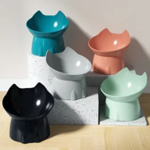 Long-Eared, Tall-Legged Cat Bowl, Large Capacity, Tilted Cartoon Cat And Dog Neck-Protection, Anti-Spill Plastic Elevated Bowl