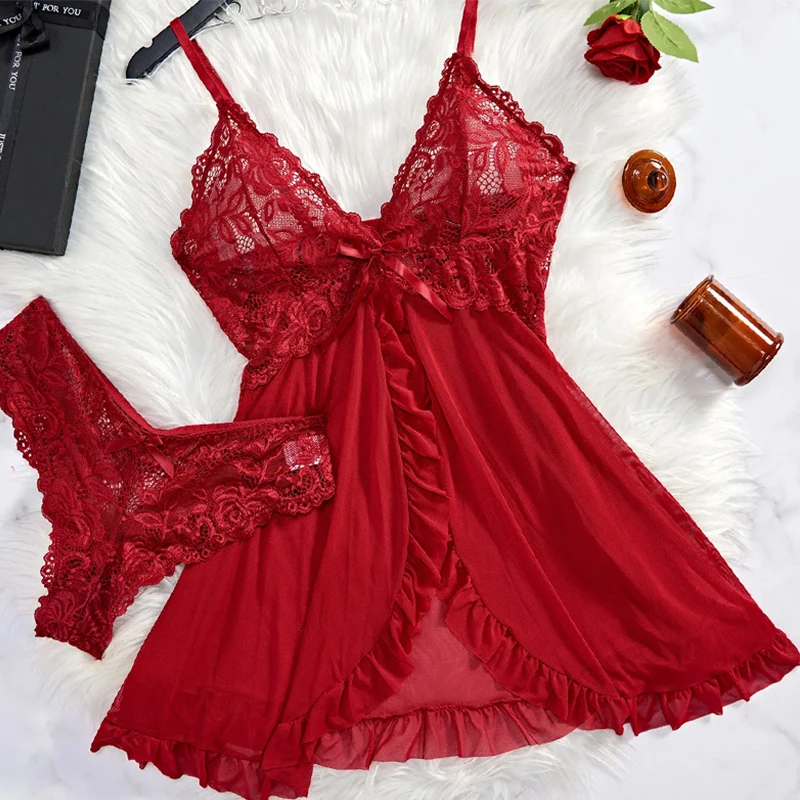 2-Teiliges Spitzen-Nachthemd Für Damen, Tiefer V-Ausschnitt, Bh, Höschen-Set, Transparente Unterwäsche, Solide, Schlanke, Weiche, Geteilte Nachthemd, Sexy Dessous-Sets 2-Teiliges Spitzen-Nachthemd Für Damen, Tiefer V-Ausschnitt, Bh, Höschen-Set, Transparente Unterwäsche, Solide, Schlanke, Weiche, Geteilte Nachthemd, Sexy Dessous-Sets
